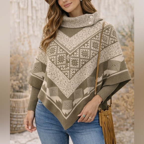 Johanitex Sweaters - Boho Geometric Knit Poncho Sweater | Button Cowl Neck | Neutral Tan